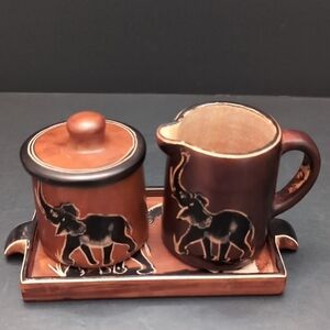Kuku Hut,Hand carved Brown Stone Sugar And Creamer Set with Tray.